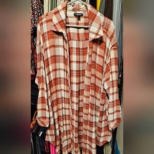 EUC Torrid Burnt Orange and Cream Plaid Lightweight Tunic Length Shacket Sz 1